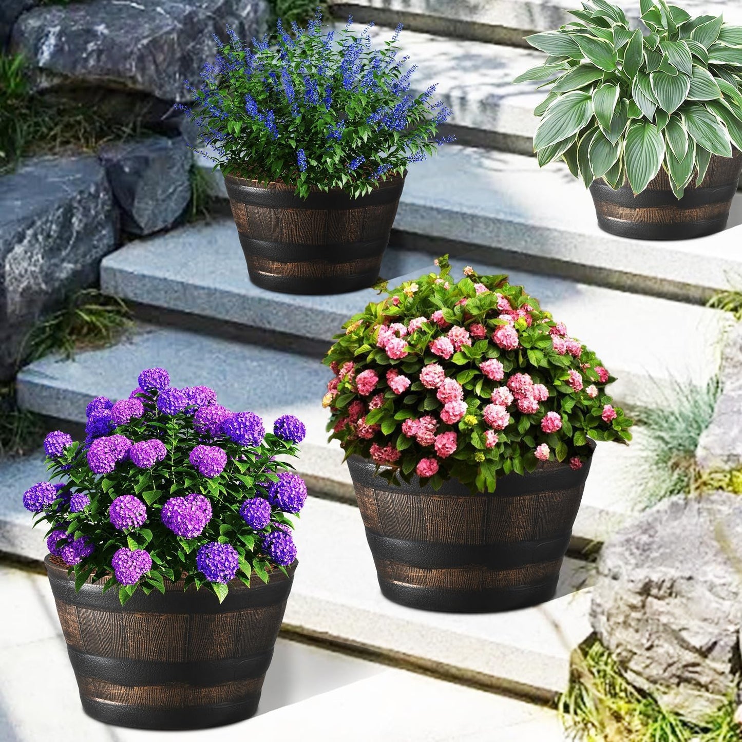 YI 4 Pack Whiskey Barrel Garden Planters 13” Rustic Oak Resin Planter for Indoor & Outdoor Plant Flower Pot