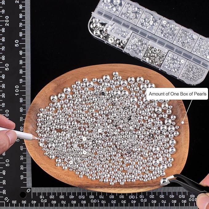 4000PCS Flatback Rhinestones and Half Round Pearls Kit #30, Multi Size Glass Clear Crystals, Plastic Flat Back Silver Dome Bead with Pickup Pencil and Tweezer for Nail Art