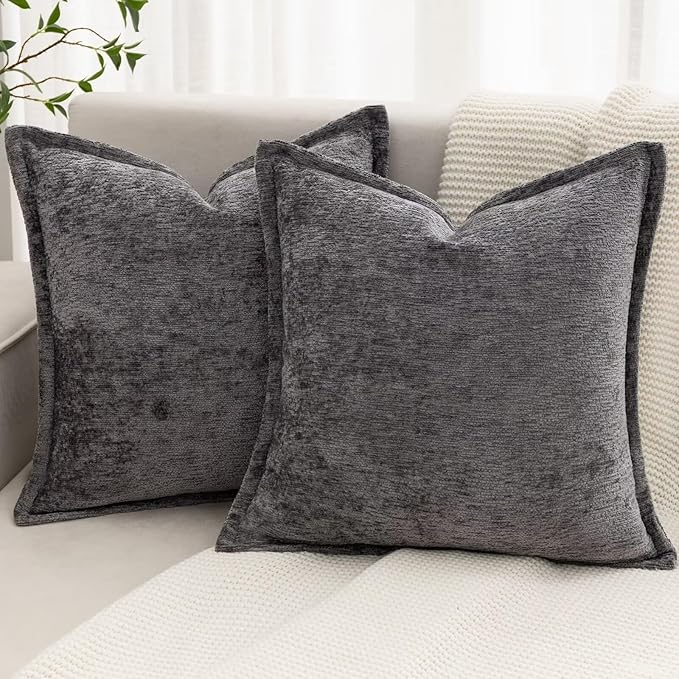 Grey Decorative Throw Pillow Covers 18x18 Inch Set of 2 Cozy Soild Chenille Cushion Cases Soft Textured Square Couch Pillows Cover Boho Accent Farmhouse Pillowcases for Sofa Bed