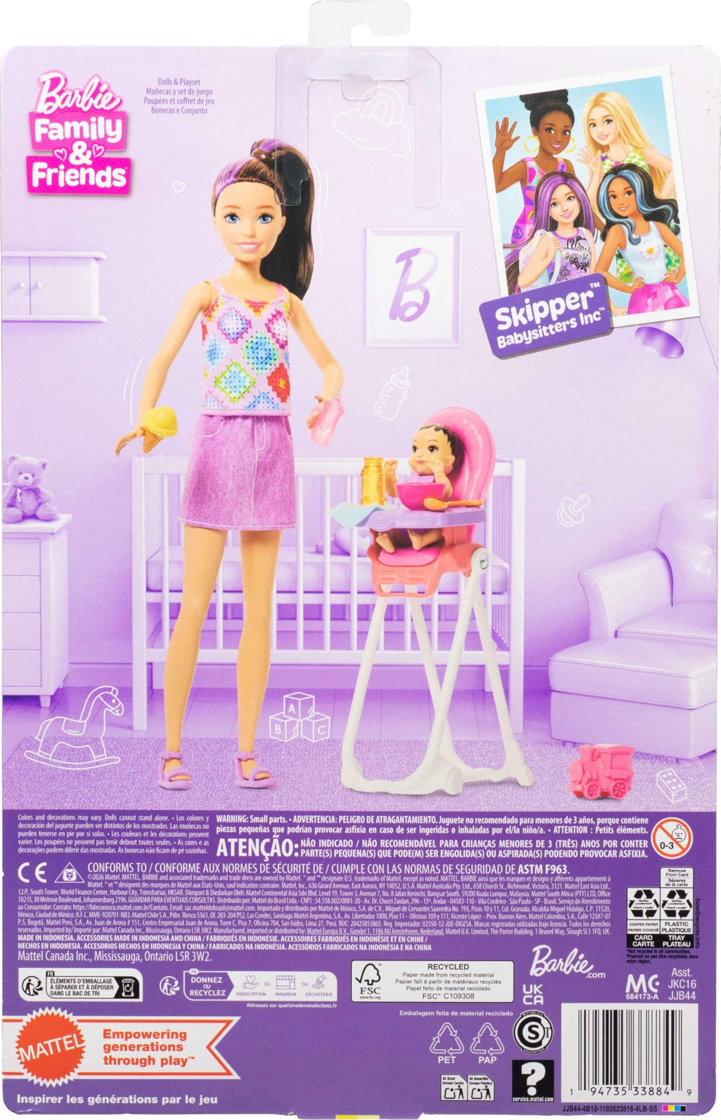 Barbie Skipper Babysitters, Inc. Playset with Brunette Doll, Brunette Toddler Doll, High Chair & 8 Accessories Including Food