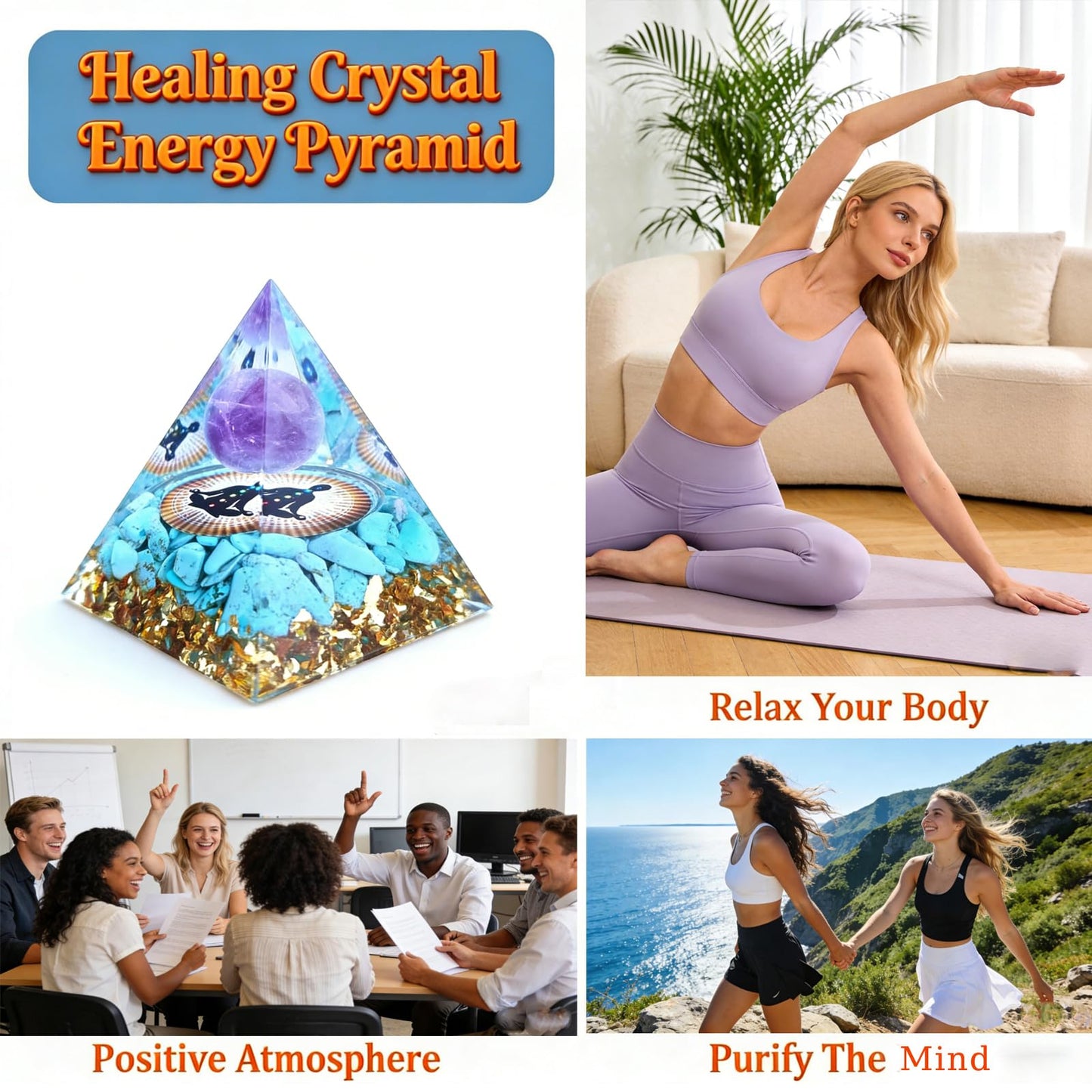 Crystal Column Orgonite Pyramid, Positive Energy Obsidian&Lapis Lazuli Orgone Crystal Healing Pyramid for Reduce Stress, Balance Chakra,Meditation, Attract Luck, Accumulate Wealth&Health (Light Blue)