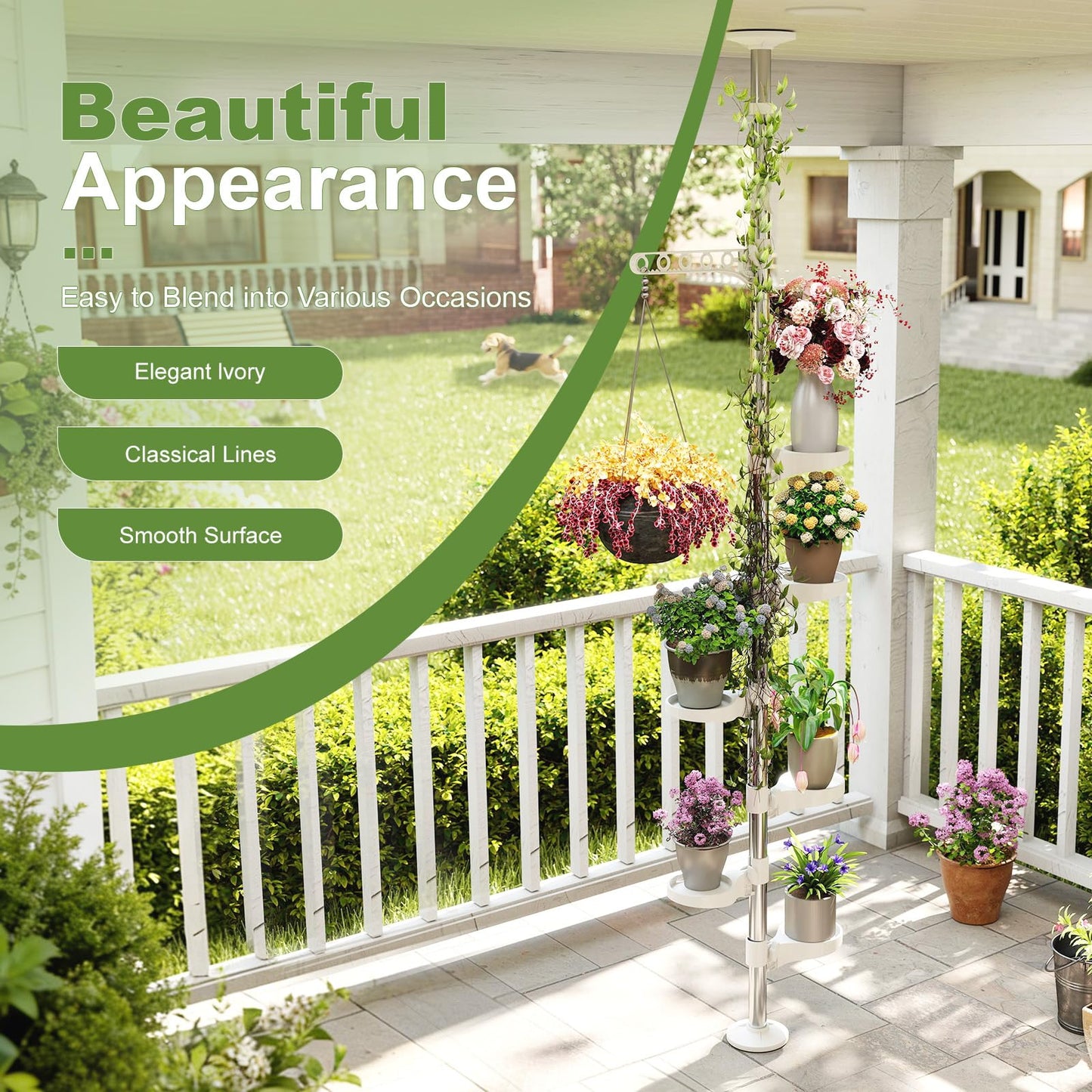BAOYOUNI 7-Layer Indoor Plant Stands Spring Tension Pole Metal Flower Display Rack Space Saver Corner Floral Pot Hanger Shelf, Ivory