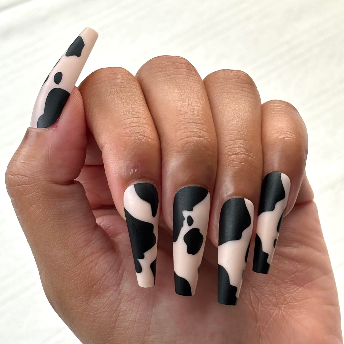 CUTE MOOOOOD Premium Press-On Nails by Lavaa Beauty | Extra-Long Coffin | Black Animal Print on Matte Nude Base