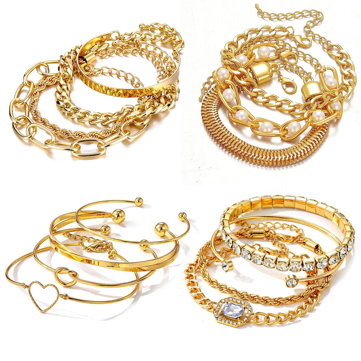 KISS WIFE 15 Pcs Golden Bracelets Set for Women, Multiple Layered Stackable Open Cuff Bangle, Adjustable Cuban Link Chain Tennis Bracelet Pack, Dainty Classic Aesthetic Jewelry
