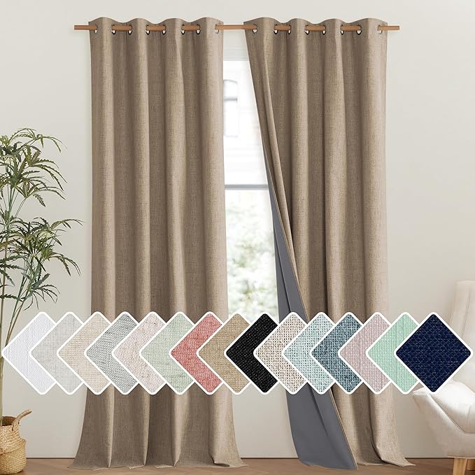 NICETOWN Burlap Vintage Open Linen Weave Flax Thermal Curtains, 100% Blackout Curtains 95" Long for Dining Room, Soundproof Window Treatment Drapes for Bedroom, 52" Wide Per Panel, Set of 2