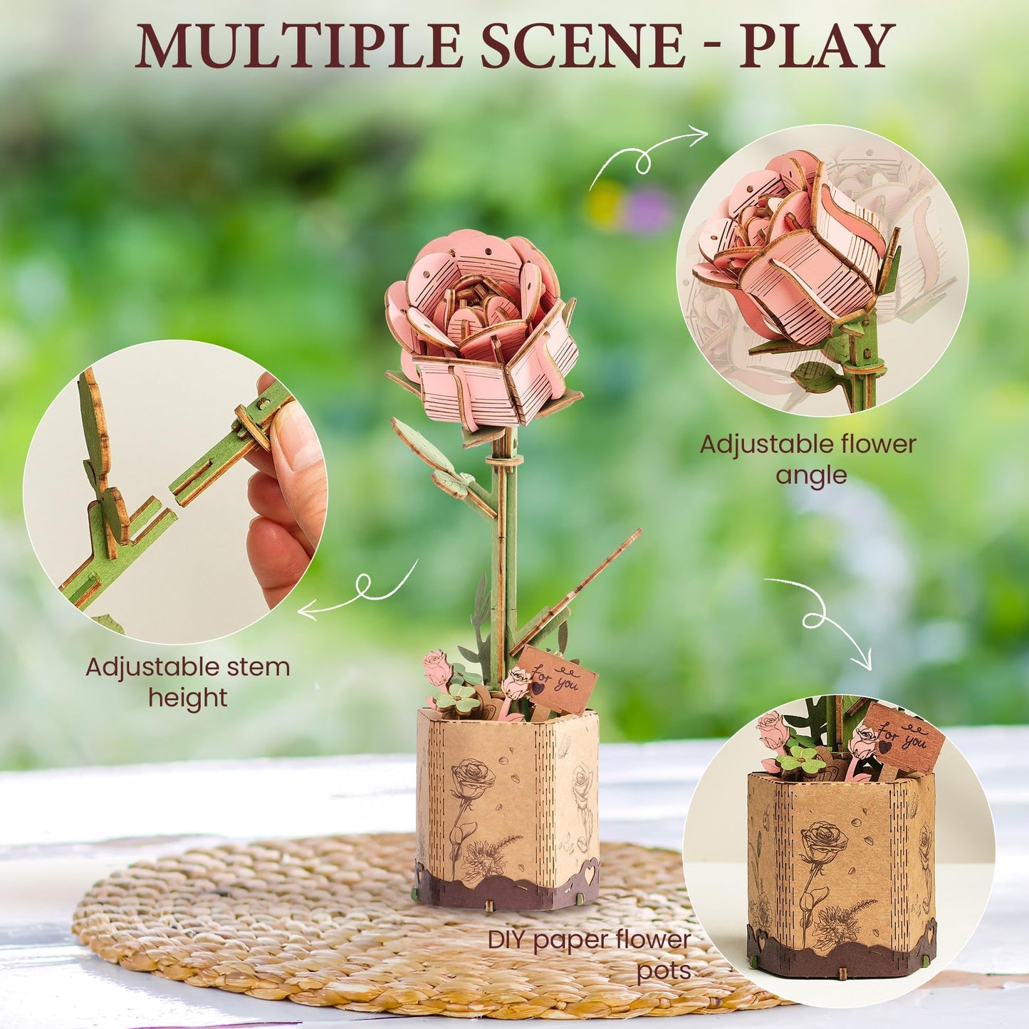 ROBOTIME 3D Wooden Flower, Pink Rose TW041 DIY Craft Kit for Adults, Artificial Floral Decor for Table, Centerpiece, Gift for Women