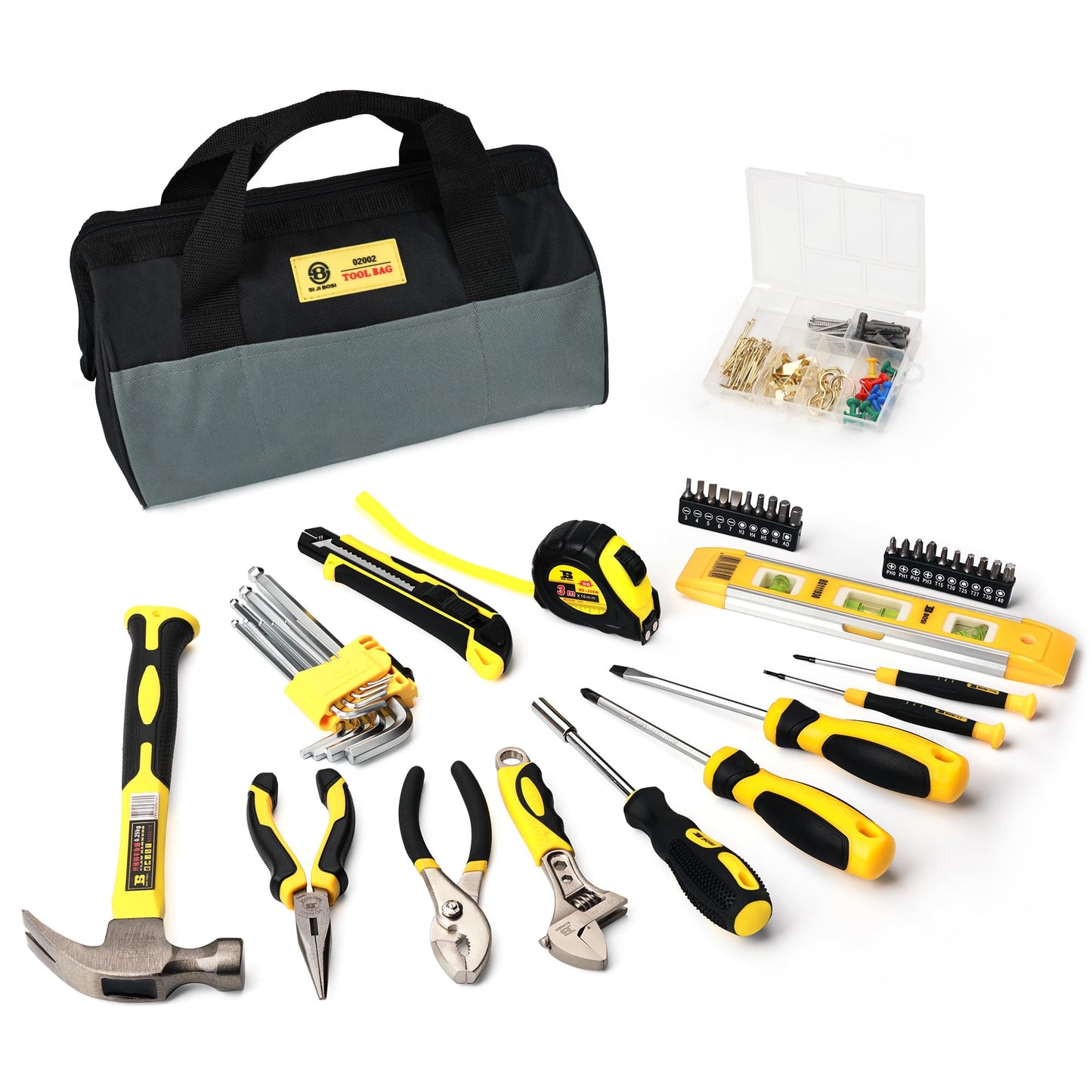 B BOSI TOOLS 142 PCS Tool Set, Home Repairing Tool Kit with 13-Inch Wide Mouth Open Storage Tool Bag, Portable Home Tool Kit Including Hammer, Screwdriver, and Household Tools