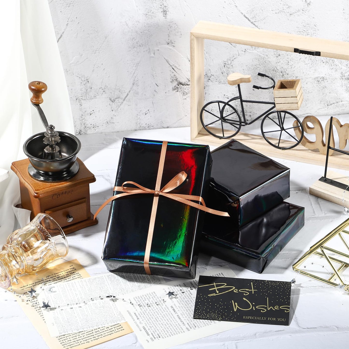 LeZakaa Black Wrapping Paper Roll - Holographic Iridescent Wrapping Paper for Birthday, Valentine's, Halloween, Holiday Party - 17 inches x 32.8 Feet &12PCS Pull Bows Assortment with Ribbon