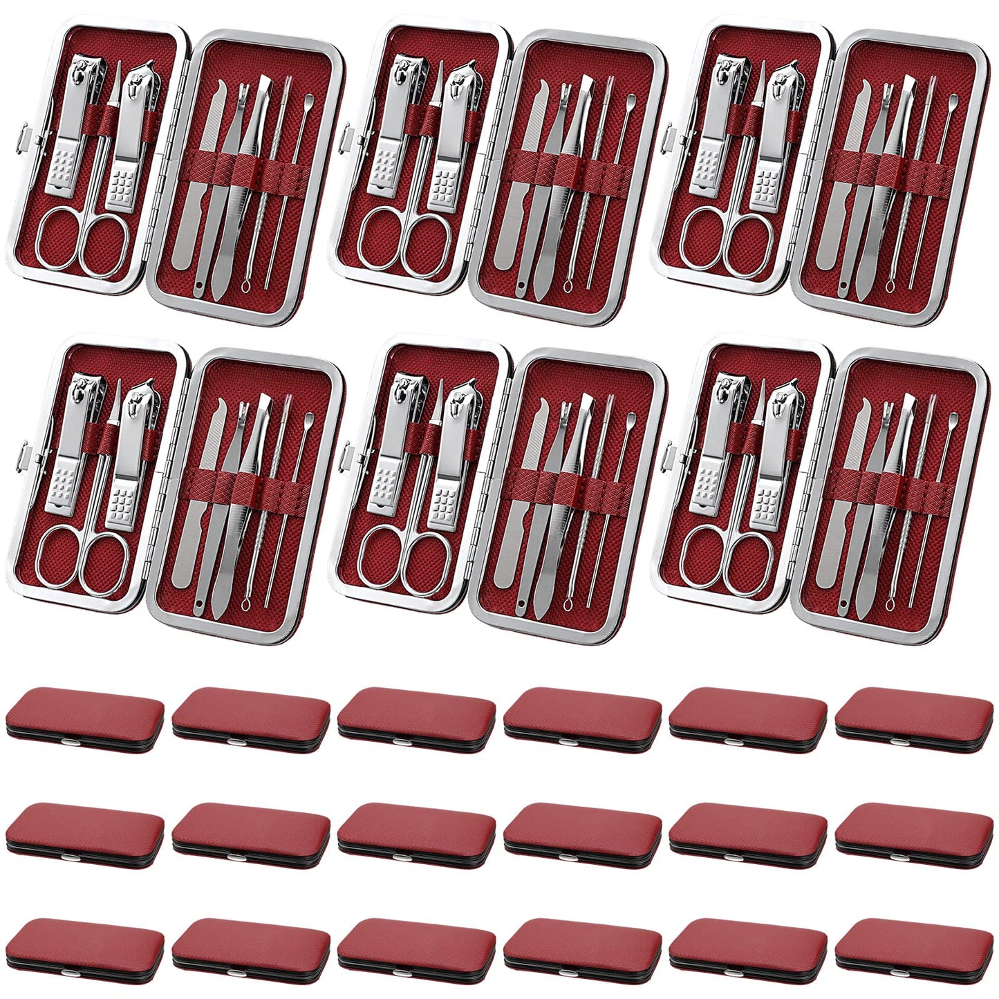 Lasnten 24 Set Valentine Manicure Set Bulk Nail Clippers Grooming Nail Kit Stainless Steel Professional Pedicure Tools Kit with Travel Case for Men Women Valentine's Day Gift(8 in 1,Red, Silver)