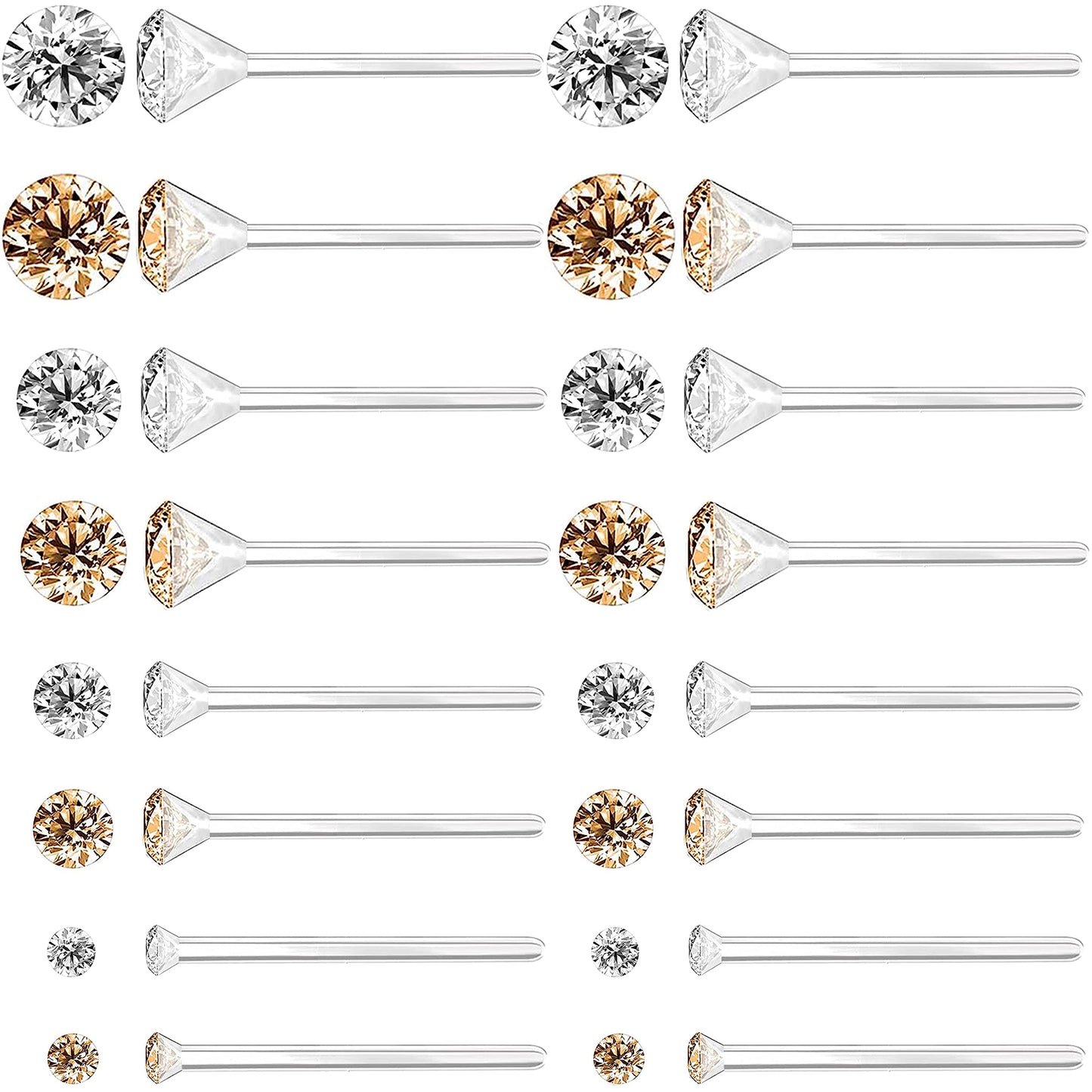 OwlkOrmy 8 Pairs Anti Allergy Plastic Earrings for Sensitive Ears & Include 8 Pairs Silicone Soft earring backs, Birthstone Cubic Zirconia Stud Earrings Kit 2mm 3mm 4mm 5mm in one Set (Amber)