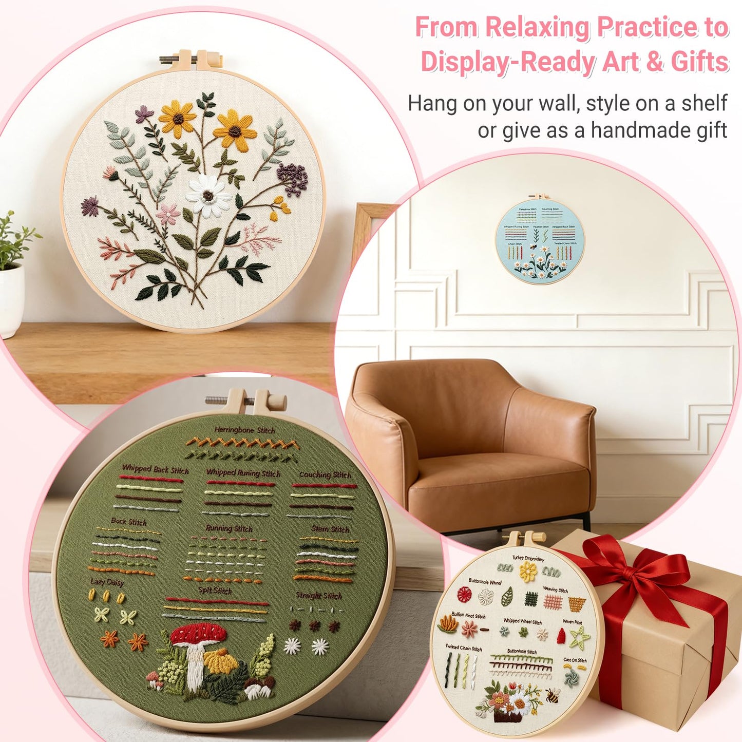 ZenHues Embroidery Kit for Beginners Adults with Level 0 Practice Sampler, 5 Pre-Printed Patterns & Video Tutorials with 7.8" Hoop, Learn 30+ Stitches, DIY Needlework Craft Gift for Women
