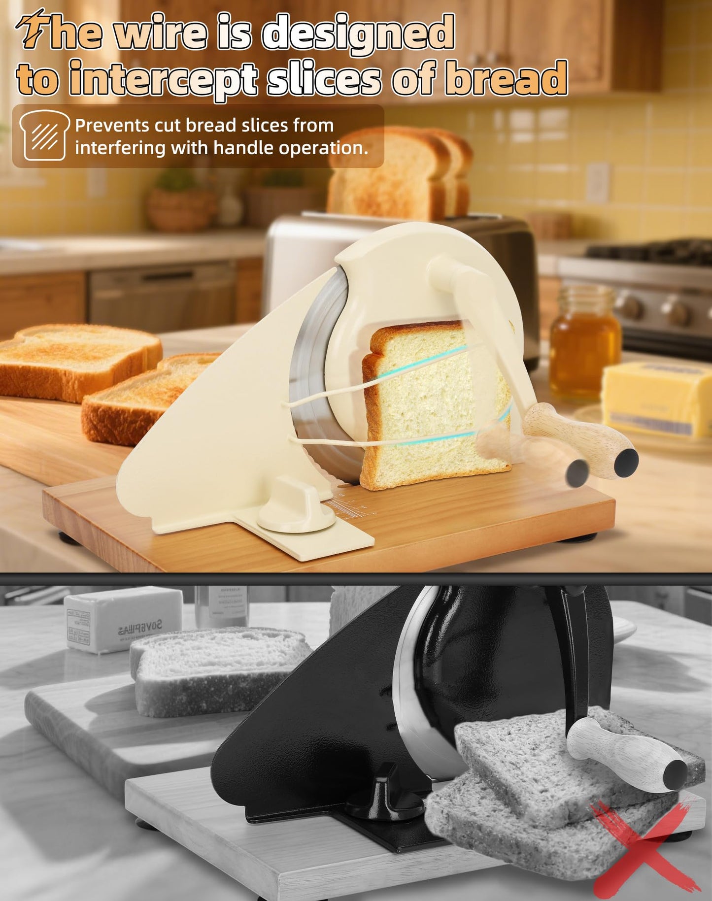 Redants Manual Bread Slicer for Homemade Sourdough Bread, Versatile Hand Crank Bread Slicer, Adjustable Thickness for Smooth Cutting, Food Grade Stainless Steel (Cream)