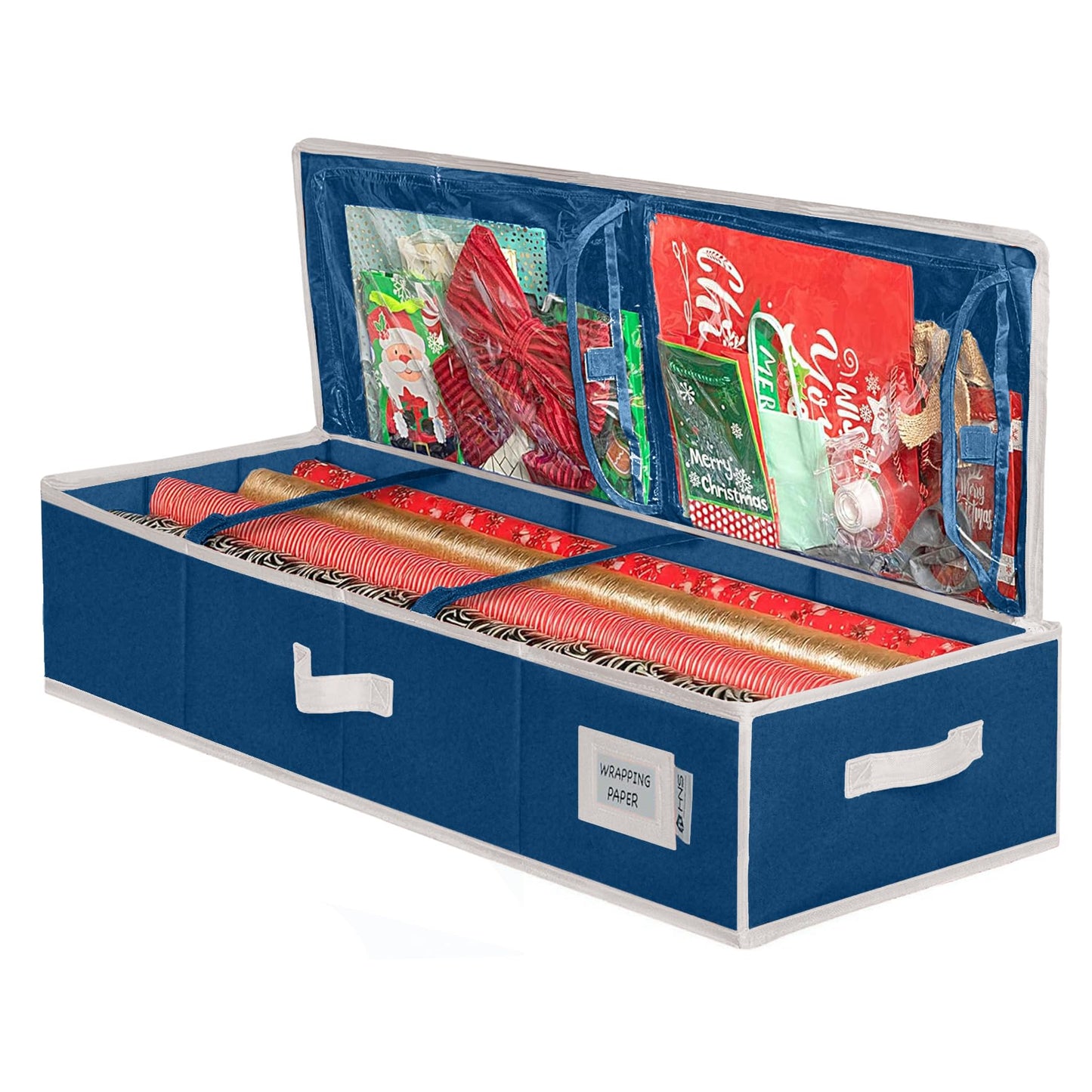 HOLDN’ STORAGE Premium Wrapping Paper Storage Container - Durable 600D Tear-Proof, Fits 27 Rolls Gift Wrap, Extra Pockets for Ribbons & Bows, Underbed Storage - Ideal for Holiday Christmas, Blue