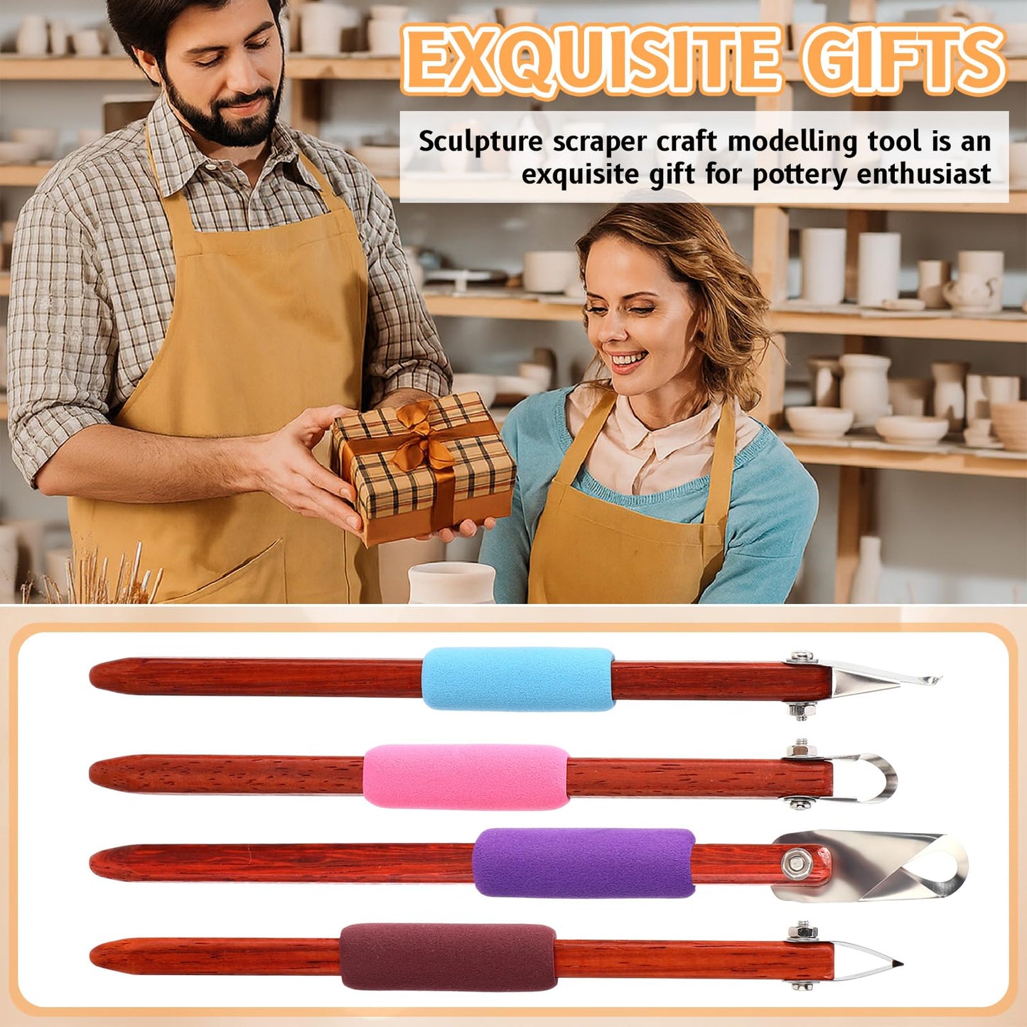 Lanties 4 Pcs Pottery Carving Tool Set Sculpture Scraper Craft Modelling Tools Red Pear Wood Texture Handle with Stainless Steel Blade for Clay Carving, Ceramic Sculpting, Graffito (Wonderful Color)