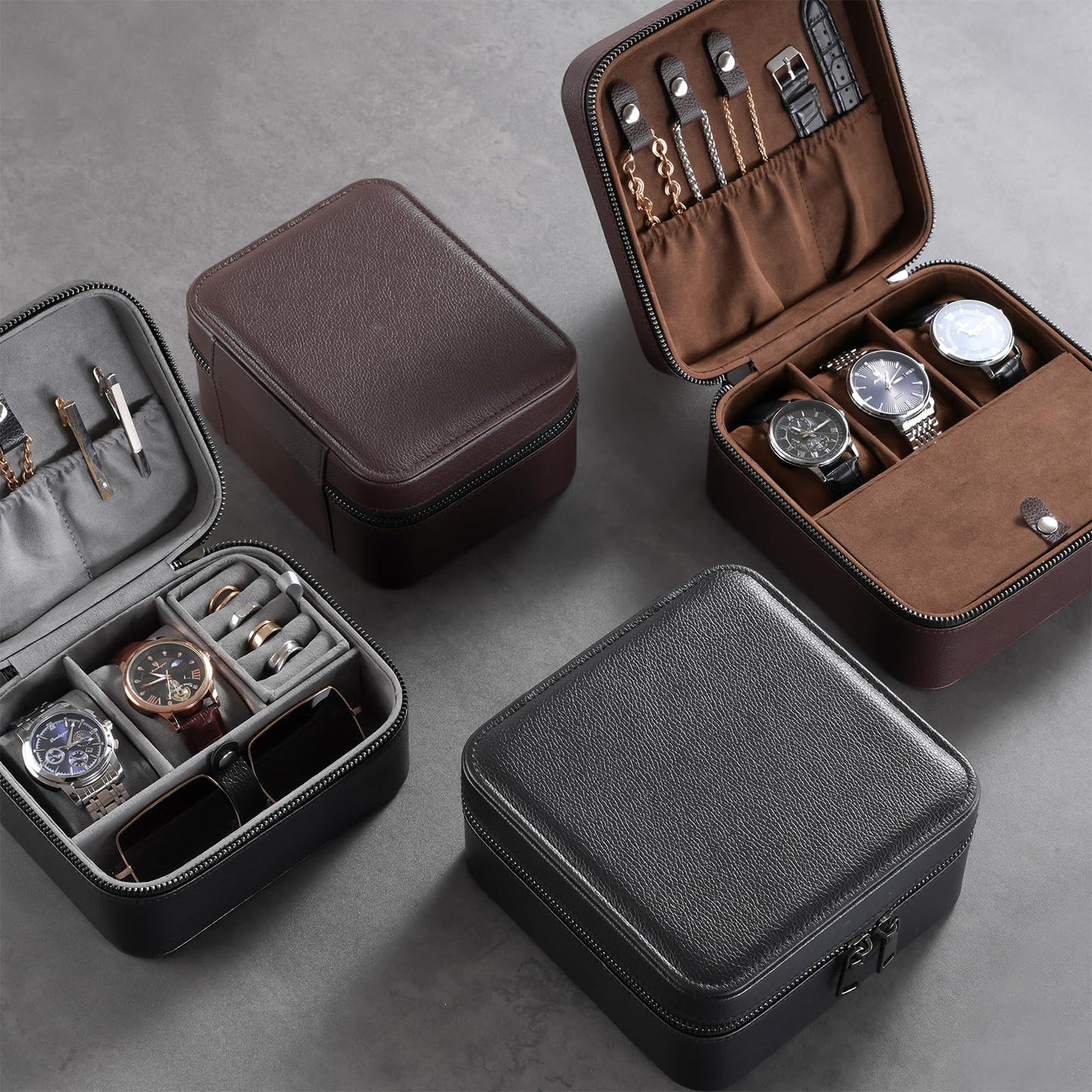 ProCase Travel Watch Case, 2 Slots PU Leather Mens Jewelry Box, Portable Watches Cufflinks Accessories Storage Case, Zippered Carrying Organizer Bag for Man, Valentine's Day Gift -Brown