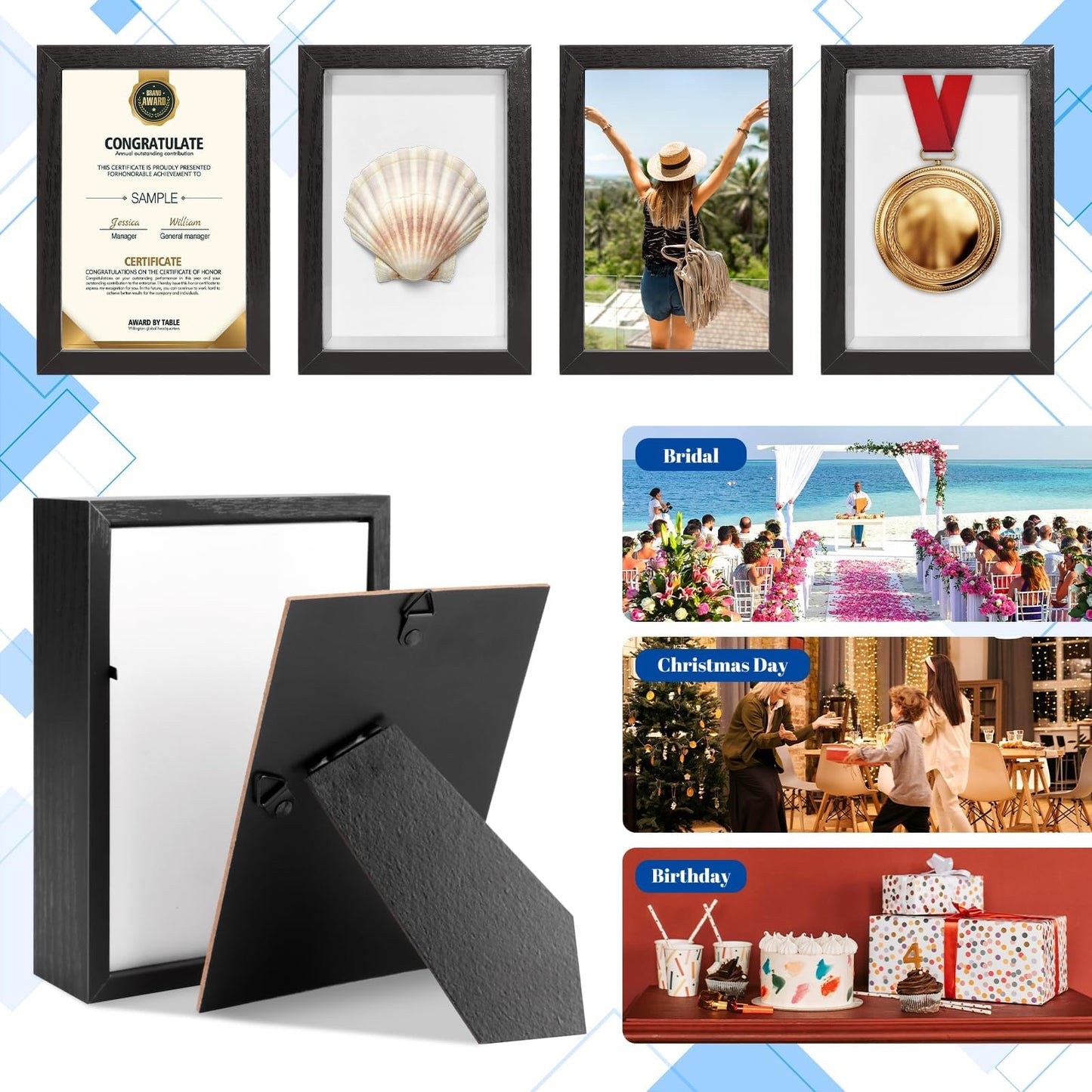 VOKOY 5 Pack 4" x 6" Shadow Box Frame, Small Wood Hollow Picture Frame with Clear Acrylic Front, 1" Deep Shadowbox Display Cases for Photos Dried Flowers Seashell Memorabilia DIY Crafts Medals (Black)