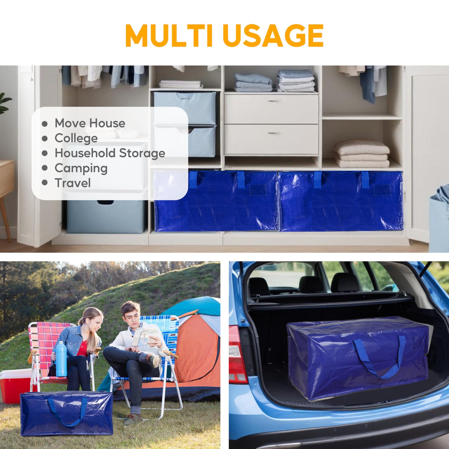 4 Pack Oversized Heavy Duty Moving Bags with Backpack Straps, Strong Handles & Zippers, Extra Large Storage Tote Moving Boxes for Space Saving, Blue