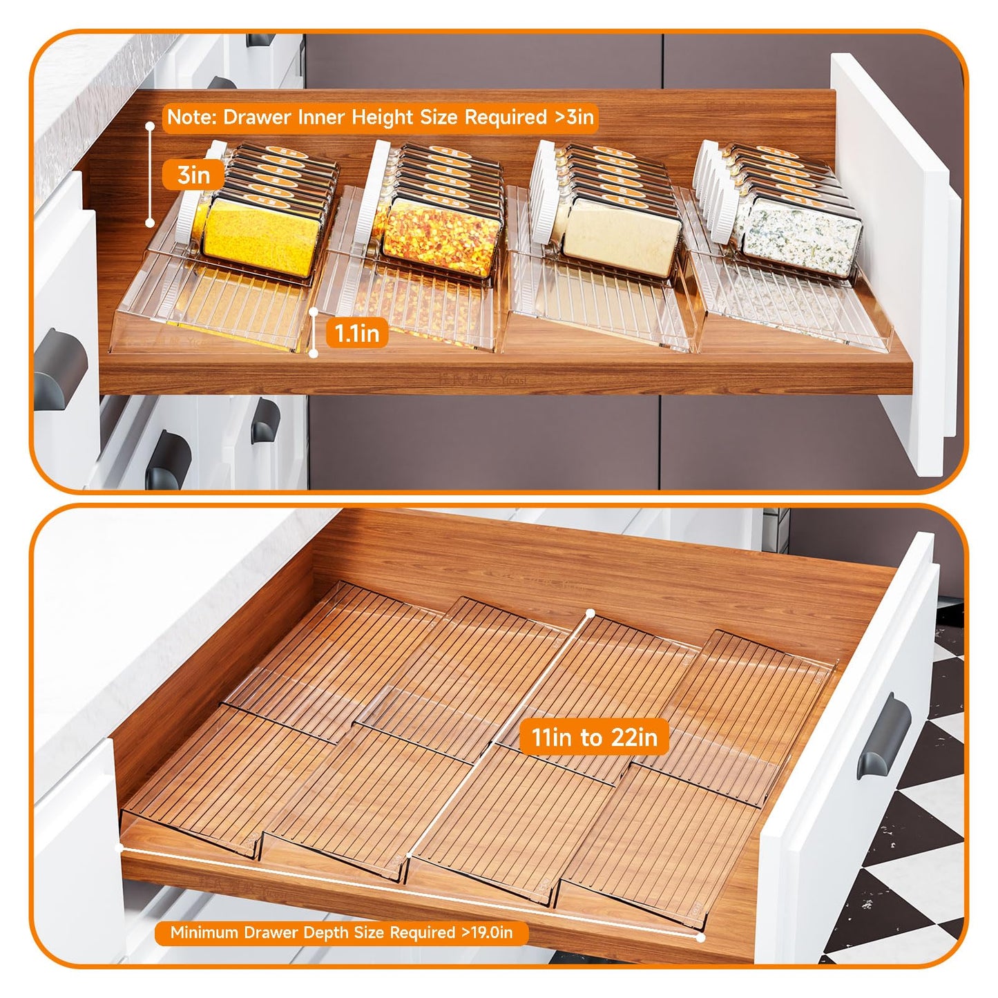 Yieach 8 Pack Adjustable In Drawer Spice Organizer - Expandable From 11'' to 22'' - Acrylic Drawer Seasoning Organizer,Clear Spice Organization Tray for Cabinet Drawers Condiment,Nail Polish and Jar