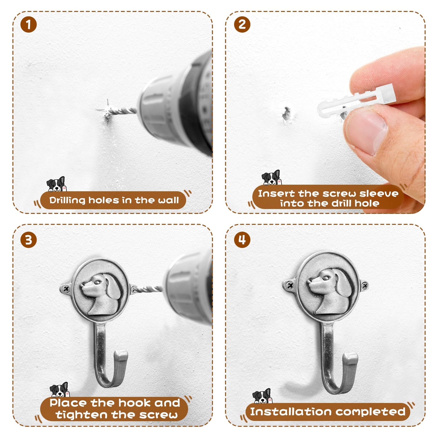 FKLOYP 6PC Dog Head Shaped Hooks Wall Mount Pet Leash Hook Cat Leash Holder for Wall Cute Coat Hooks Key Holder for Entryway Hallway Kitchen Office, Great Gift for Dog and Cat Lovers(Antique Silver)