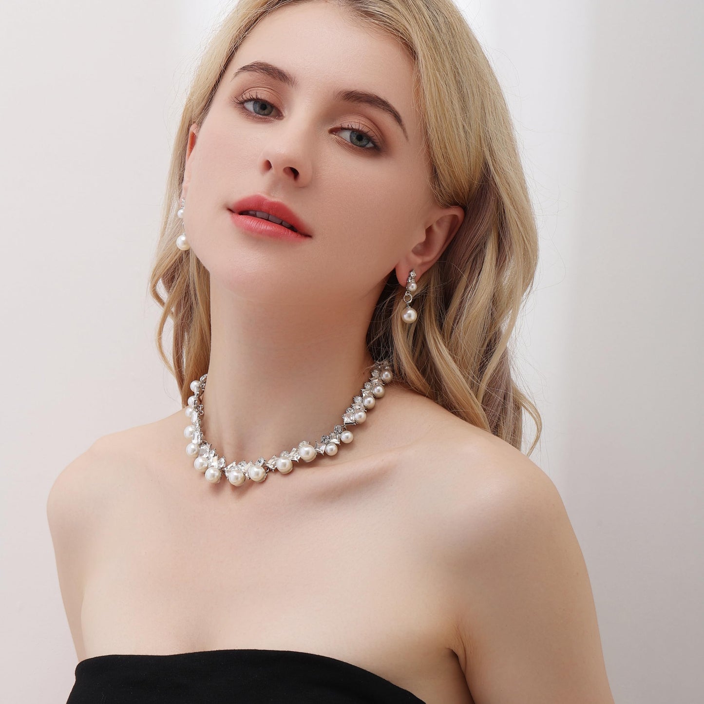 Ailunor Pearl Jewelry Set: 14K Gold/Silver Plated Pearl Drop Earrings, Bracelets & Choker Necklace - Wedding Bridal Gift (2pcs Silver)