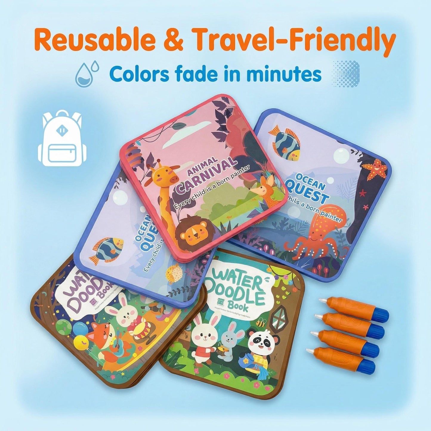 Water Painting Book for Kids 4 Pack - Reusable Magic Water Coloring Books with 4 Water Pens, 36 Pages Mess-Free Art Activity Toys for Toddlers Ages 3-5, Travel Toys Educational Learning Gifts