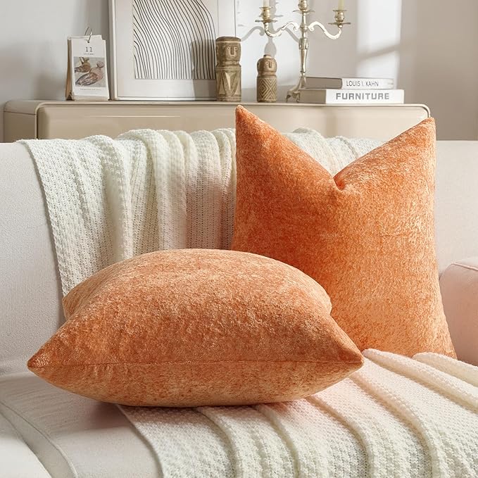 FUTEI Orange Flannel Throw Pillow Covers 16x16 Inch Set of 2,Soft Dimensional Textured Cushion Cases,Modern Home Decor for Couch Living Room