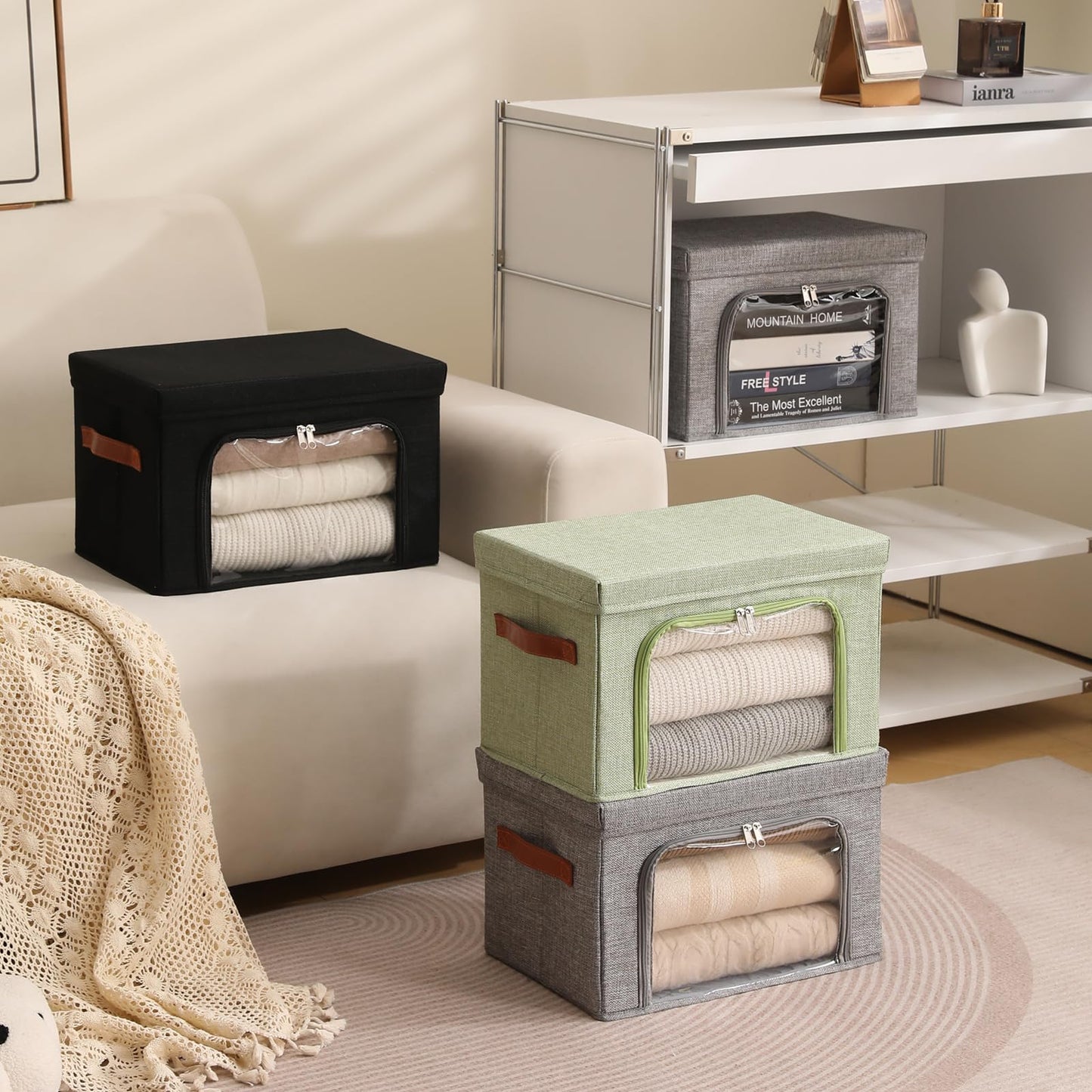 LOLUVIZCO 2PCS Large Storage Bins Boxes with Lids Clear Window Zipper Closure Decorative Cotton Linen Fabric Baskets with PU Leather Handles PP Board Collapsible Shelf Closet Organizer (Light Green)