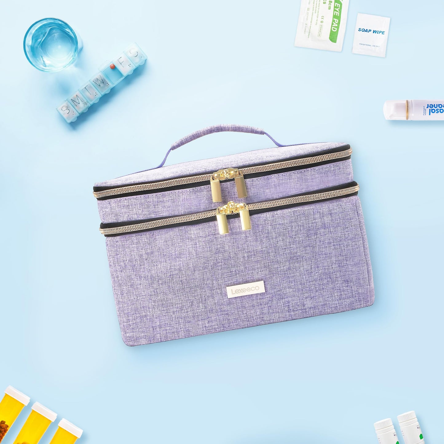 Lexeeco Medicine Storage Bag Pill Bottle Organizer with Portable Small Pouch Travel Medication Bottle Organizer for Emergency Home First Aid Box Kit (Purple)
