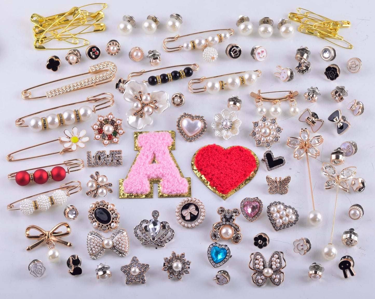 eswala Shoe Charms for Sneakers 100pcs Gold Junk Socks Charms Kit Brooches and Pins for Women DIY Junk Socks Sneaker Charm for Shoes Safety Pin Hats Bling Jewelry Decoration Accessories Bulk
