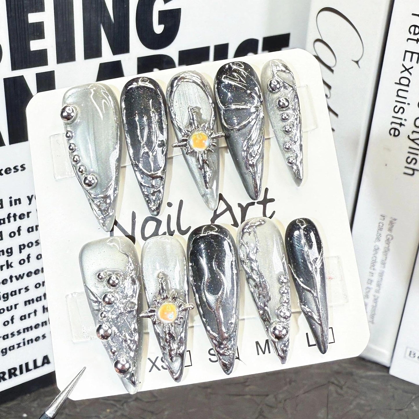 Handmade 3D Metallic Futuristic Stiletto Press On Nails, Silver Black Mechanic Artisan Nails Set, Reusable Glossy Press-ons with Tool Kit (S)