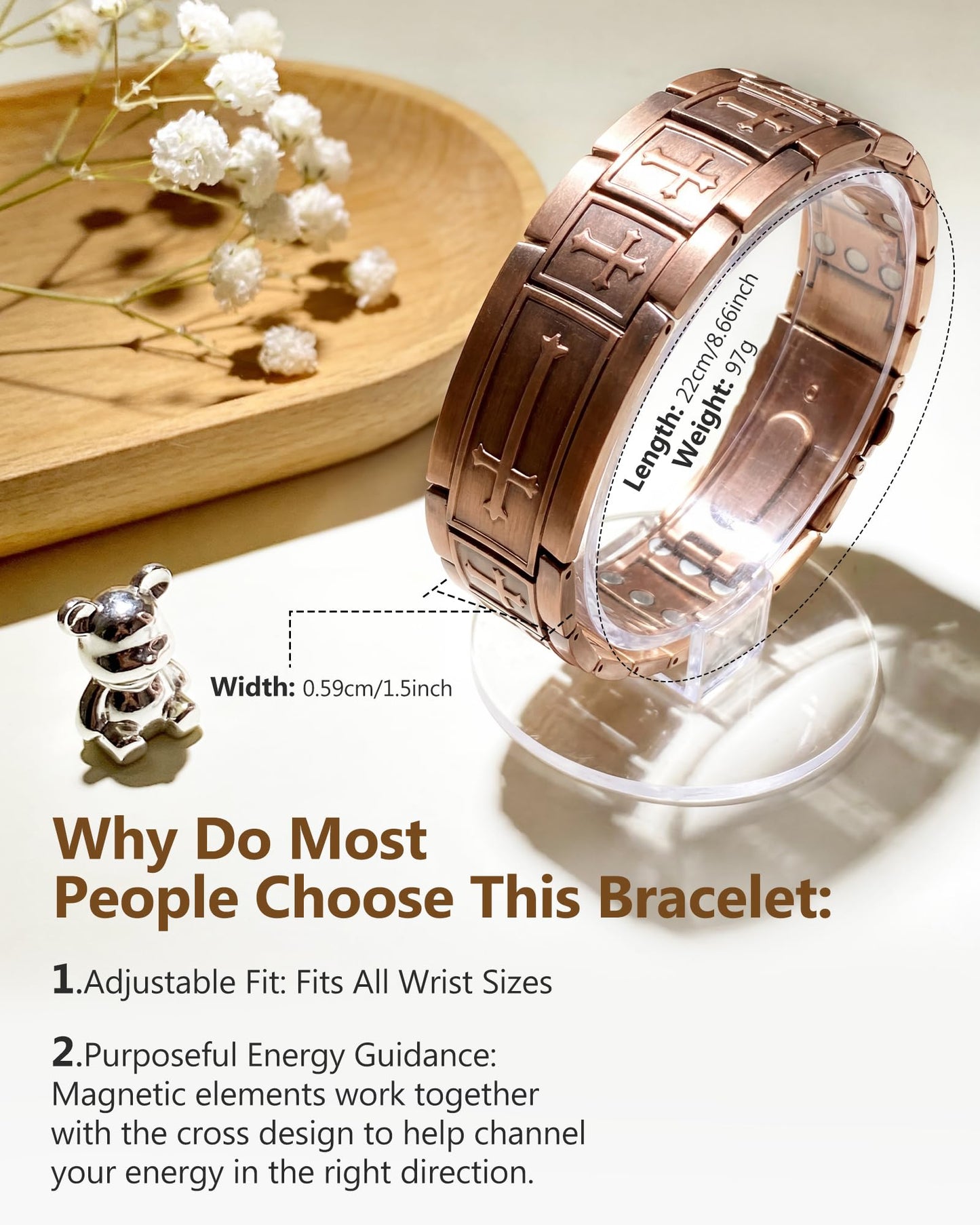 Feraco Copper Magnetic Cross Bracelet for Men, 99.99% Pure Copper with 3800 Gauss Magnets,Gifts for Him