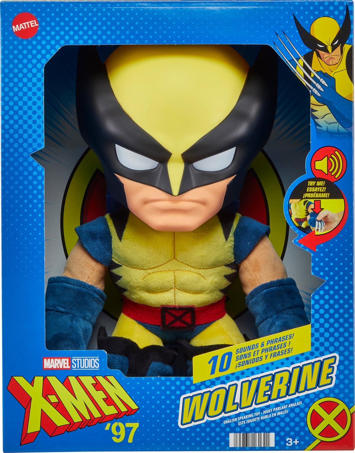 Mattel Marvel X-Men Plush Toy with Sounds & Talking, ’97 Wolverine Collectible with Yellow Suit & Retro Animation Style