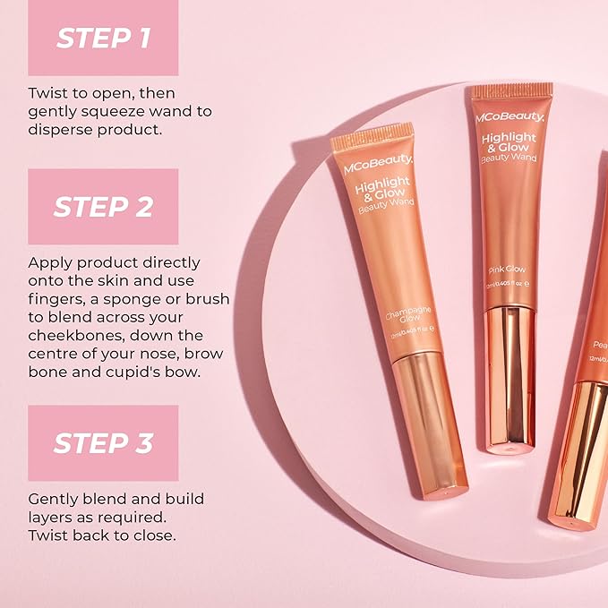 MCoBeauty - Highlight and Glow Beauty Wand - Buildable Liquid Highlighter - Radiant Pink Shade - Liquid Cream with Cushion Applicator for Soft, Radiant Finish - Highlighters Makeup