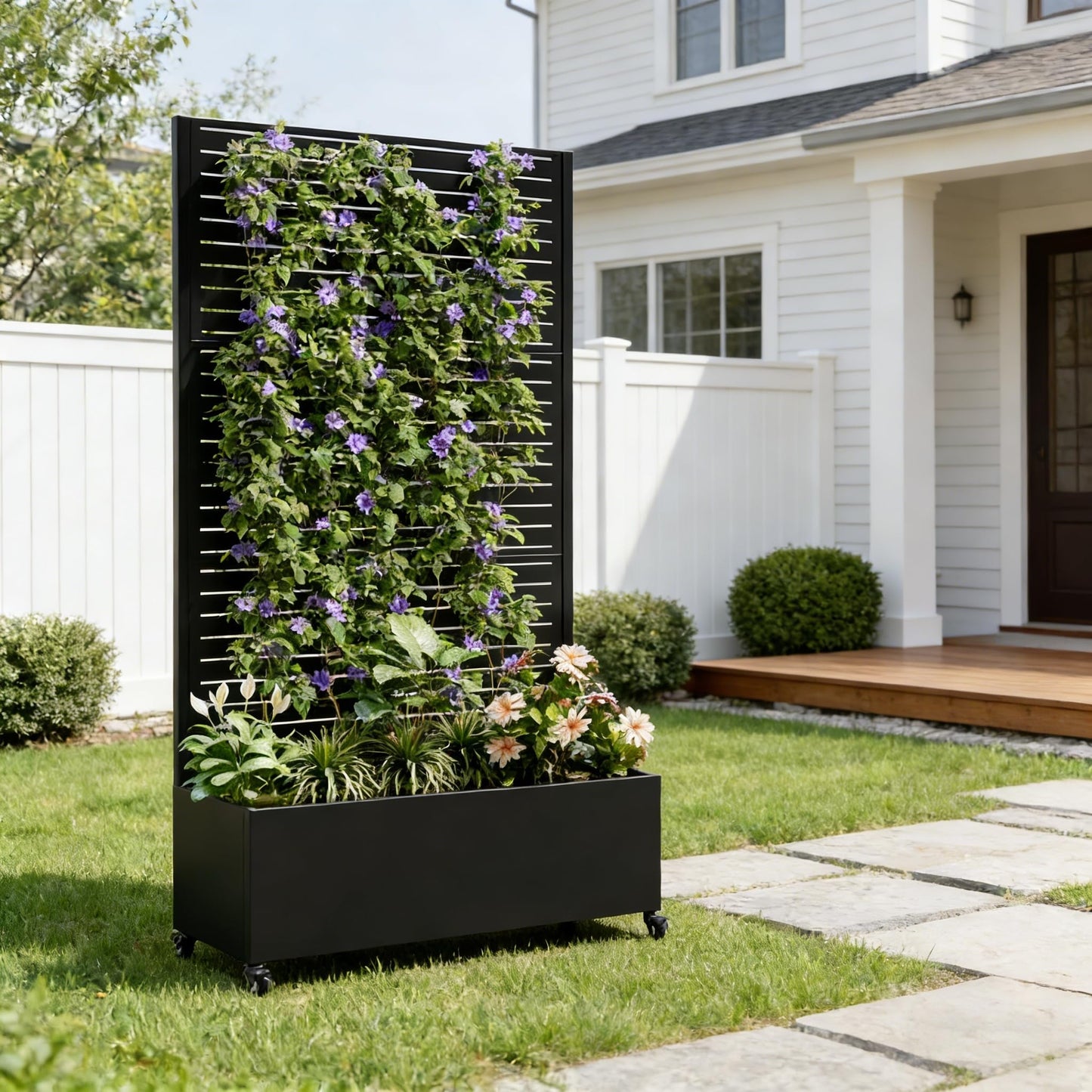 Beuiosda Metal Planter Box with Trellis Privacy Screen, Raised Garden Bed with 4 Wheels, Privacy Planters for Patio, Planter Box with Drainage Holes for Climbing Plants, Vegetables (Rectangle)