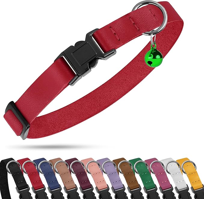 Breakaway Cat Collar with Bell - Leather Adjustable Kitten Collars with Safety Quick Release Buckle - Soft Small Pet Collars for Girl & Boy Cats (Green)