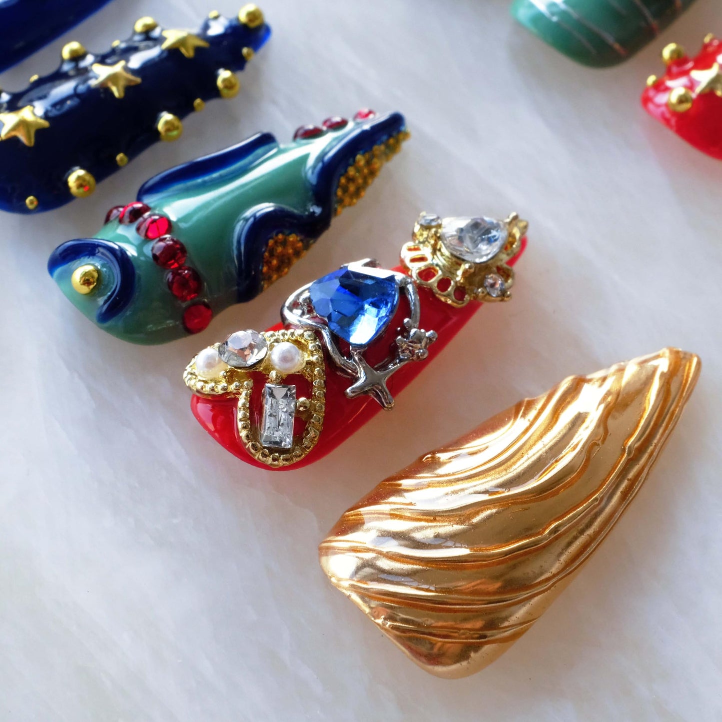GLORS Luxury Handmade Press On Nails, Vintage Bohemian Style, Long Stiletto Shape, Crystal Heart Gems, Gold Stars Design, 10 Pieces (Small, LS)