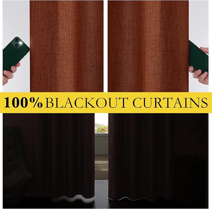 NICETOWN 100% Absolutely Blackout Linen Curtains with Thermal Insulated Liner, 52" Wide, 2 Panels, 72" Long Drapes, Grommet Retro Burnt Orange Linen Curtains Vertical Drapes Privacy for Bedroom