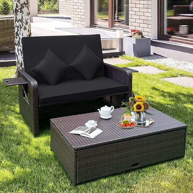 HAPPYGRILL Patio Rattan Wicker Daybed with Loveseat & Storage Ottoman, Outdoor Lounge Sofa Furniture Set with Adjustable Backrest & Side Trays, for Poolside Deck Porch Lawn (Mix Brown & Black)
