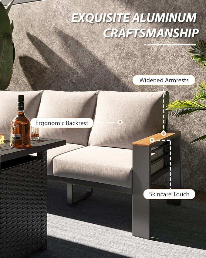 Aoxun Aluminum Outdoor Patio Furniture Set, 7 Seats Outdoor Sectional with Fire Pit Table, Patio Conversation Sets with Upgraded Armrests and Cushions for Backyard, Garden and Poolside（Grey）