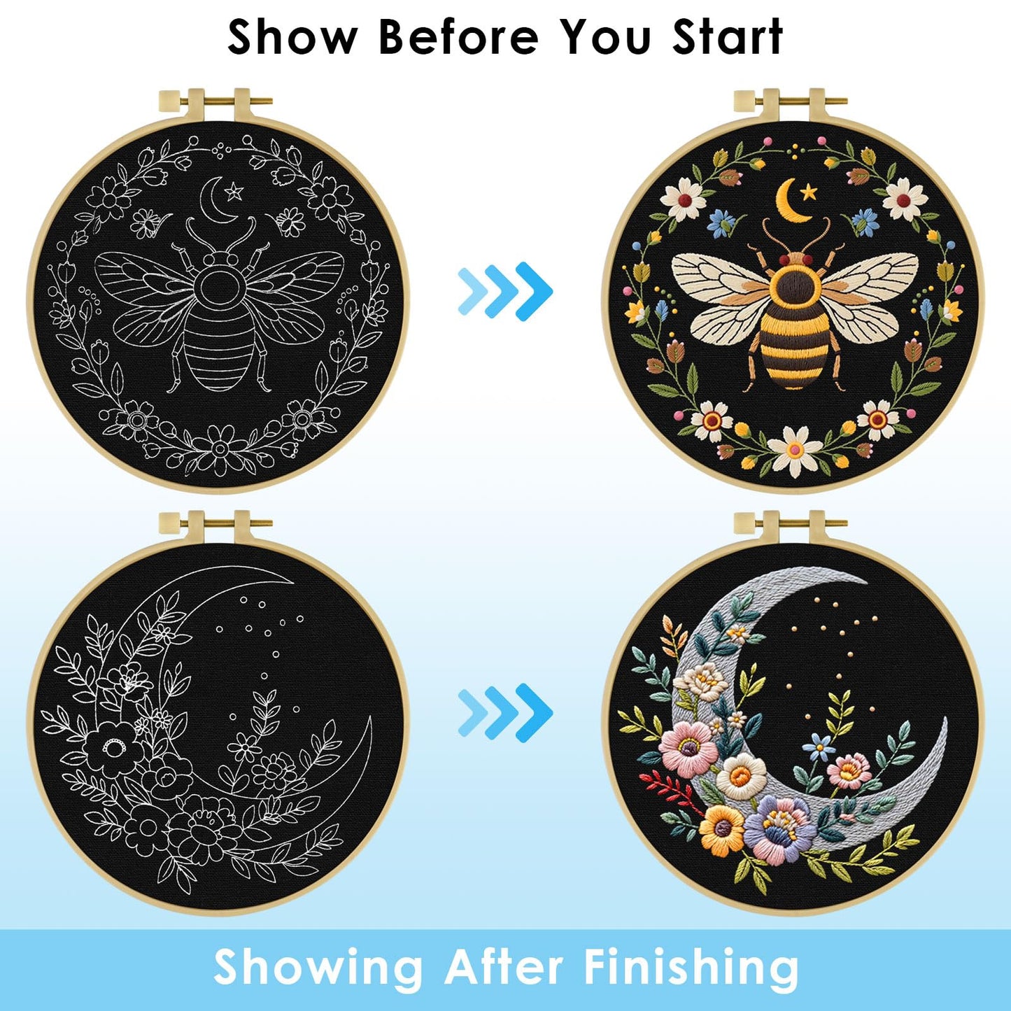 ERKOON Embroidery Kit for Beginners, 2 Set Flower Cross Stitch Set Include Embroidery Cloth Hoops Threads for Craft Lover Hand Stitch with Embroidery Skill Techniques (Bee Moon)