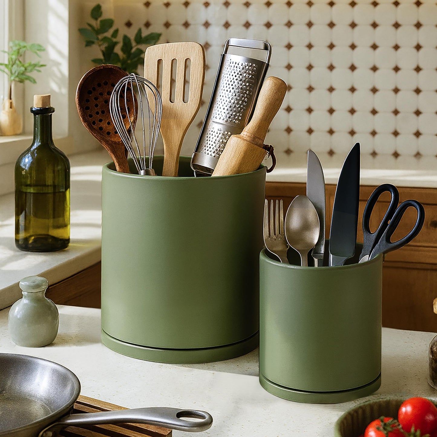 D'vine Dev 360° Rotating Utensil Holder Set – 7.2"+5" Kitchen Utensil Crocks for Countertop, Modern Cooking Tool Organizers for Kitchen Storage +Décor, Olive, Set of 2, 72-Z-C-1