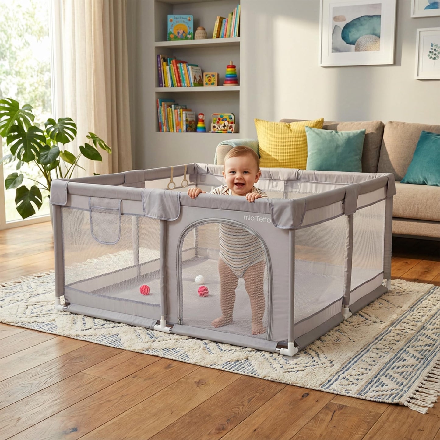 MioTetto Baby Playpen & Foam Play Mat Bundle (16 Tiles) – Large 50x50 Safety Play Yard with Breathable Mesh & Extra Thick EVA Interlocking Floor Mat | Purple, Canary, Emerald & Indigo