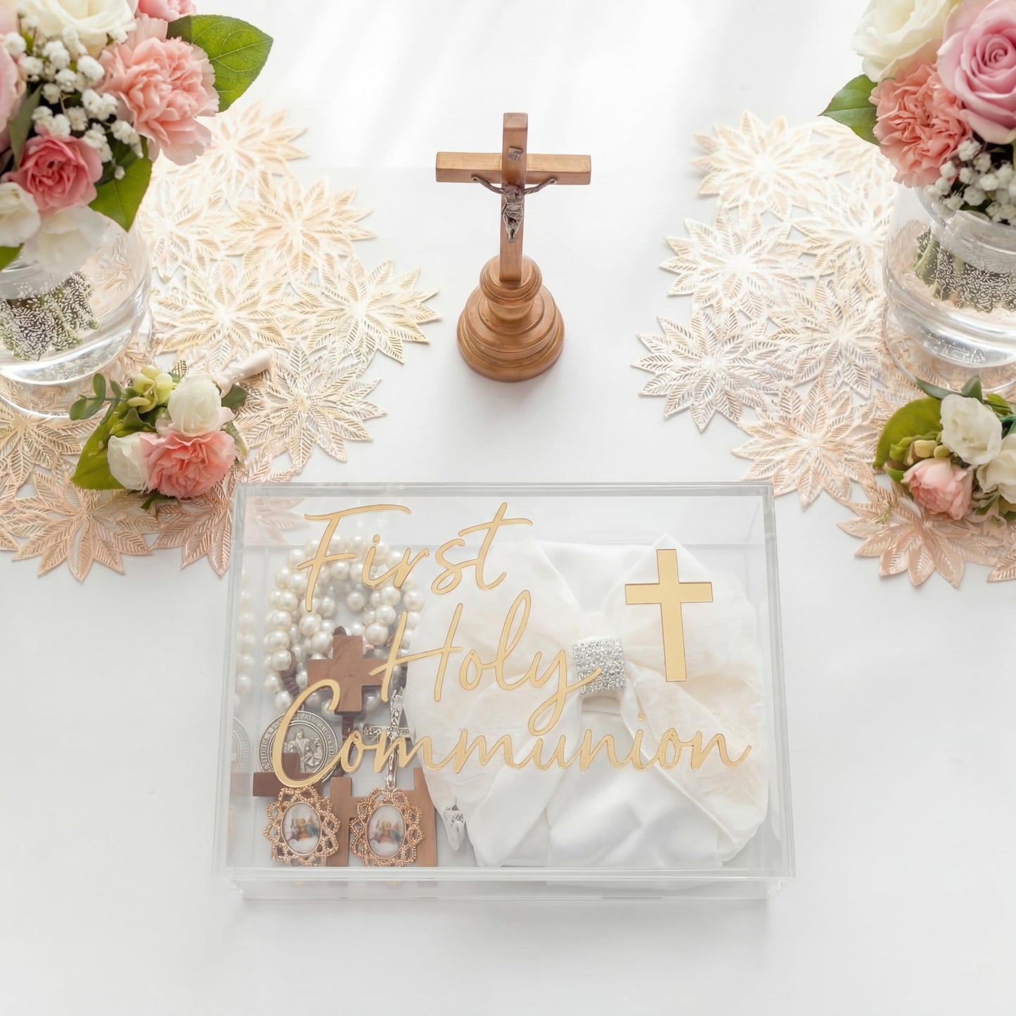 Fiwochic First Communion Keepsake Box Acrylic Baptism Memory Gift Box for Boy Girl Catholic Religious First Holy Communion Prayer Storage Gift for Rosary Jewelry Memento Photo, 8 x 5.5 x 2.36 Inch