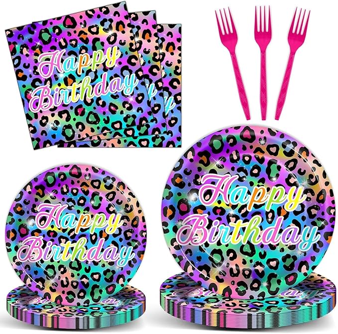 96Pcs Neon Rainbow Leopard Birthday Party Plates and Napkins Cheetah Print Birthday Themed Party Decorations Cheetah Leopard Girl's Sparkly Splatter Tableware Set for 24 Guests Baby Shower Supplies