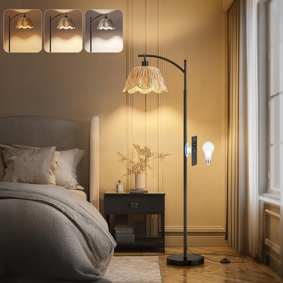 Oneach Arc Floor Lamp for Living Room with 3 Color Temperatures, Rattan Boho Floor Lamp with Hand-Woven Wicker Shade,Farmhouse Floor Lamps with Remote & Dimmable Bulb, Suitable for Bedroom（Black）