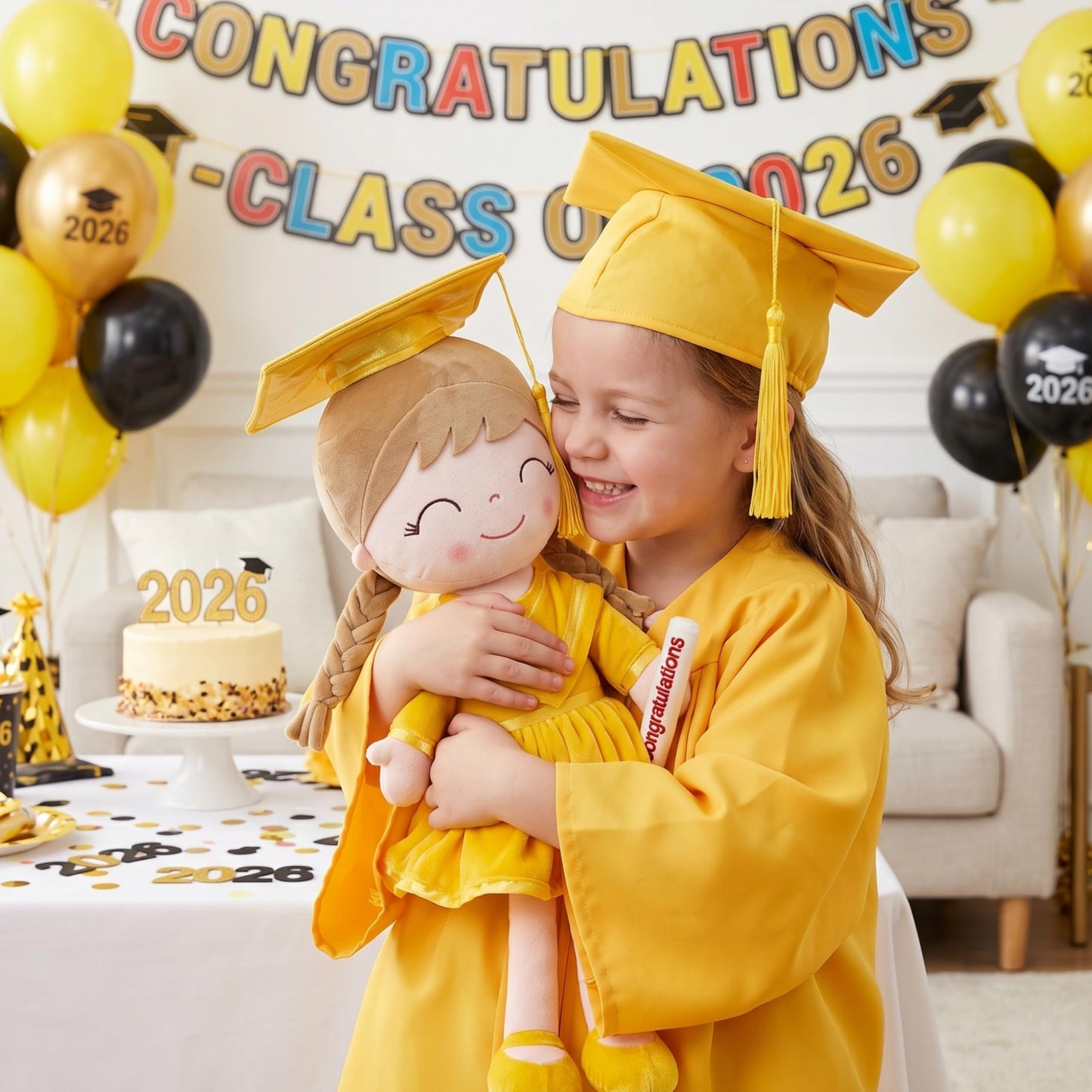 Gloveleya 16" Yellow Graduation Doll - Bright & Cheerful Plush Toy with Cap & Gown - Preschool Kindergarten Graduation Gift for Daughter, Class of 2026