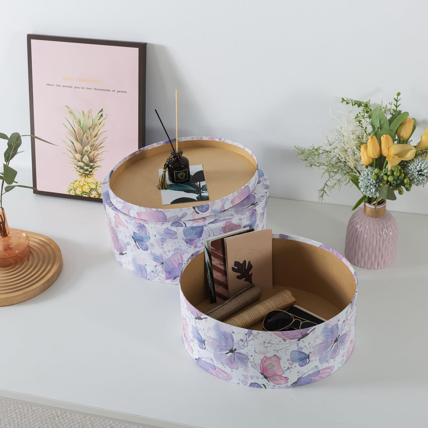 Soul & Lane Large Oblong Cardboard Decorative Storage Boxes with Lids, Set of 2 Cardboard Boxes for Flowers and Gifts, Oval Nesting Memory Containers for Keepsakes and Organizing, Butterfly Garden