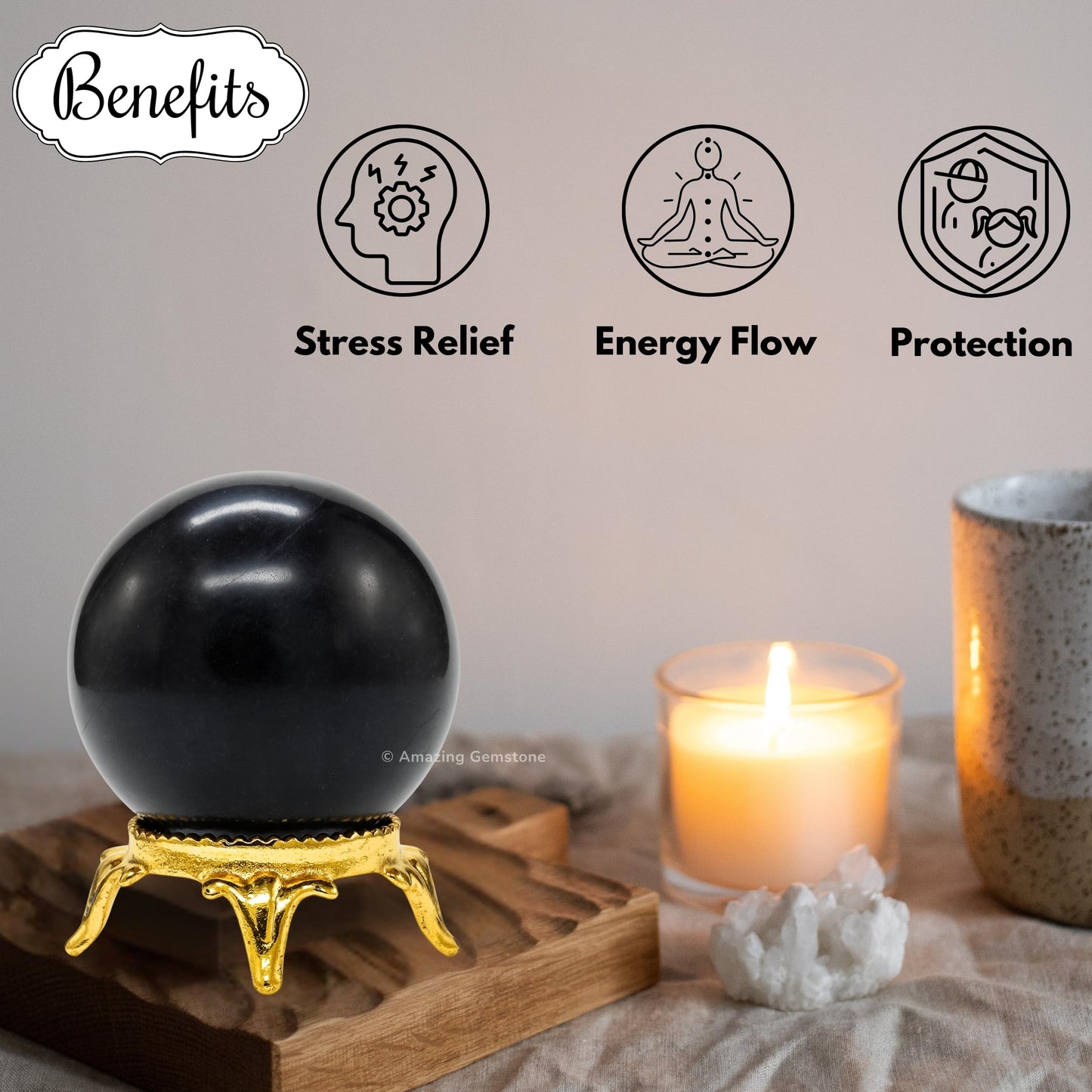 Amazing Gemstone Shungite Crystal Ball with Stand - 2 Inches Crystal Sphere Meditation Balls for Witchcraft and Decorative Balls