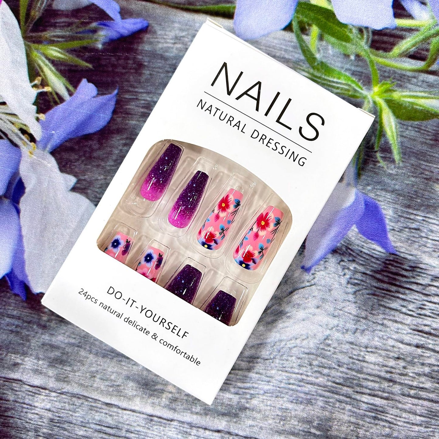 CJDLTS Press on Nails Medium Ballet Shaped Purple Flowers Pattern Design False Nails Purple Gradient Press Nails Full Cover Glitter Nails Artificial Stick on Nails Glossy Glue on Nails for Women