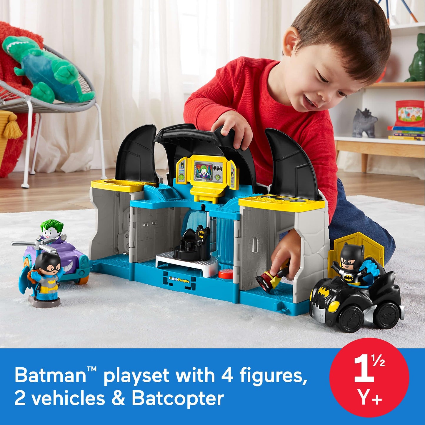 Fisher-Price Little People DC Super Friends Deluxe Batcave, Batman playset with Lights and Sounds Plus 4 Character Figures for Toddlers (Amazon Exclusive)